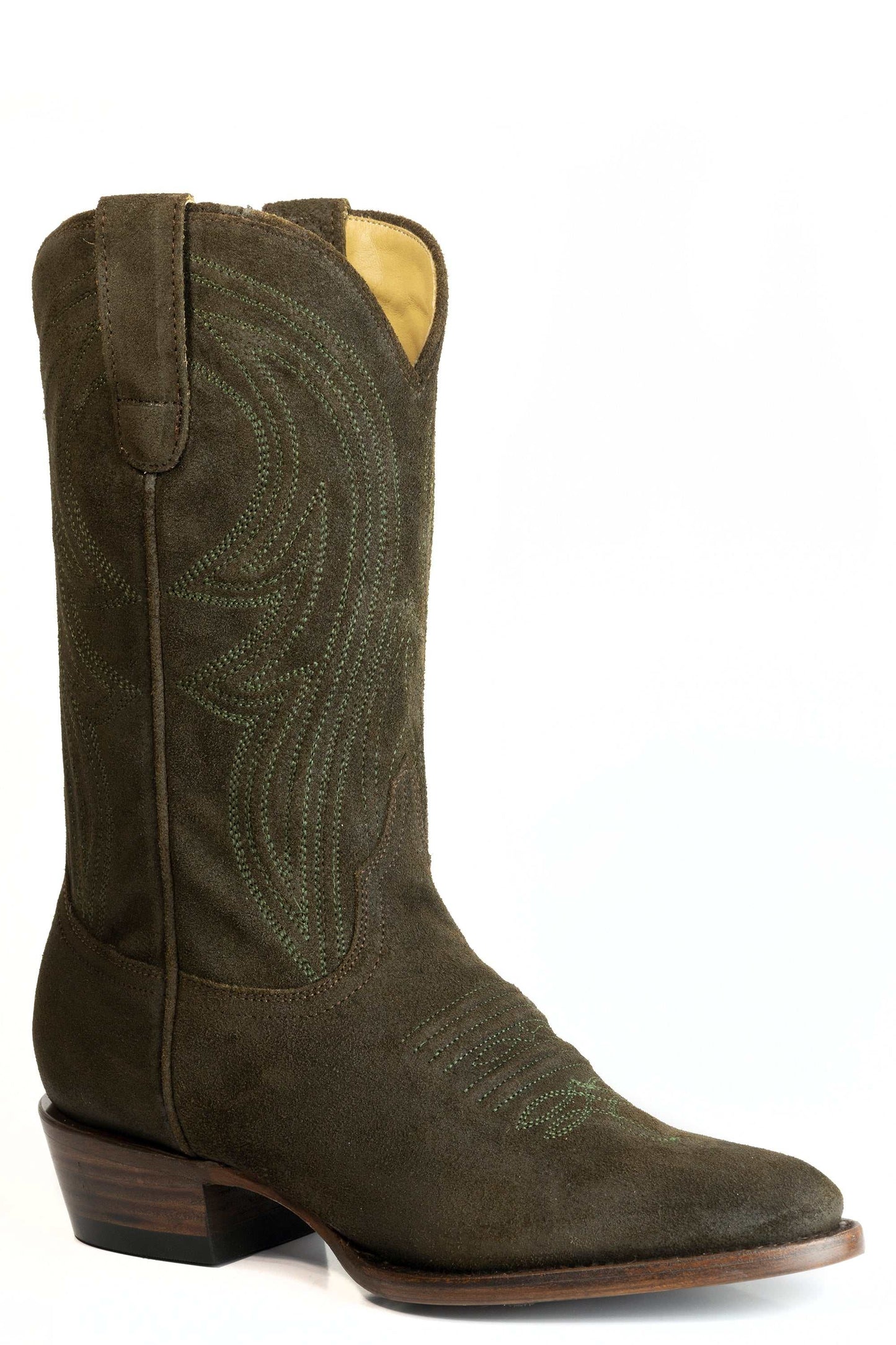 Women's Stetson Nora green suede leather boots with snip toe and corded shaft design