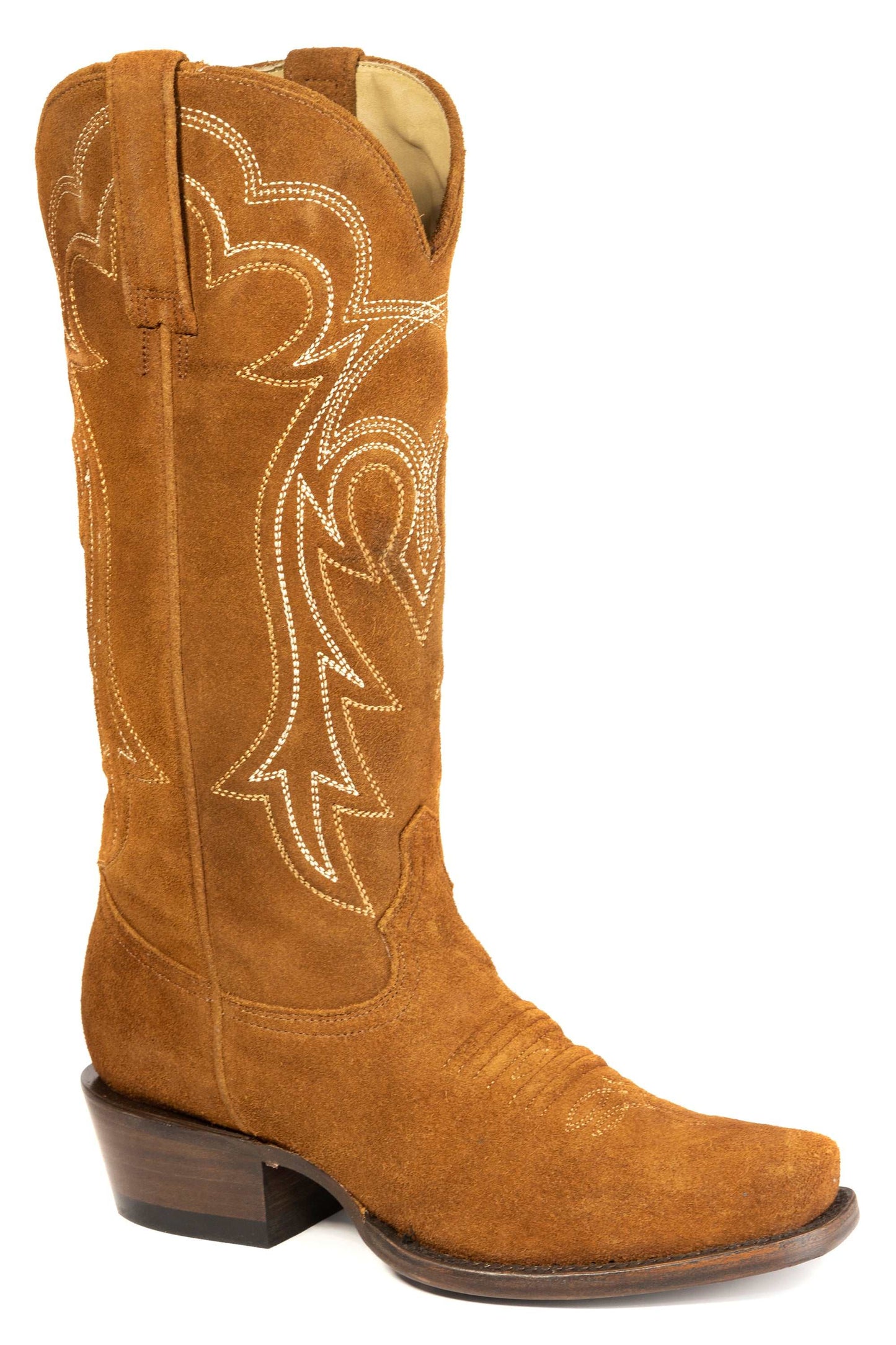 Women's Stetson Reese Suede Leather Boots with hand-stitched brown snip toe and embroidered 14" shaft