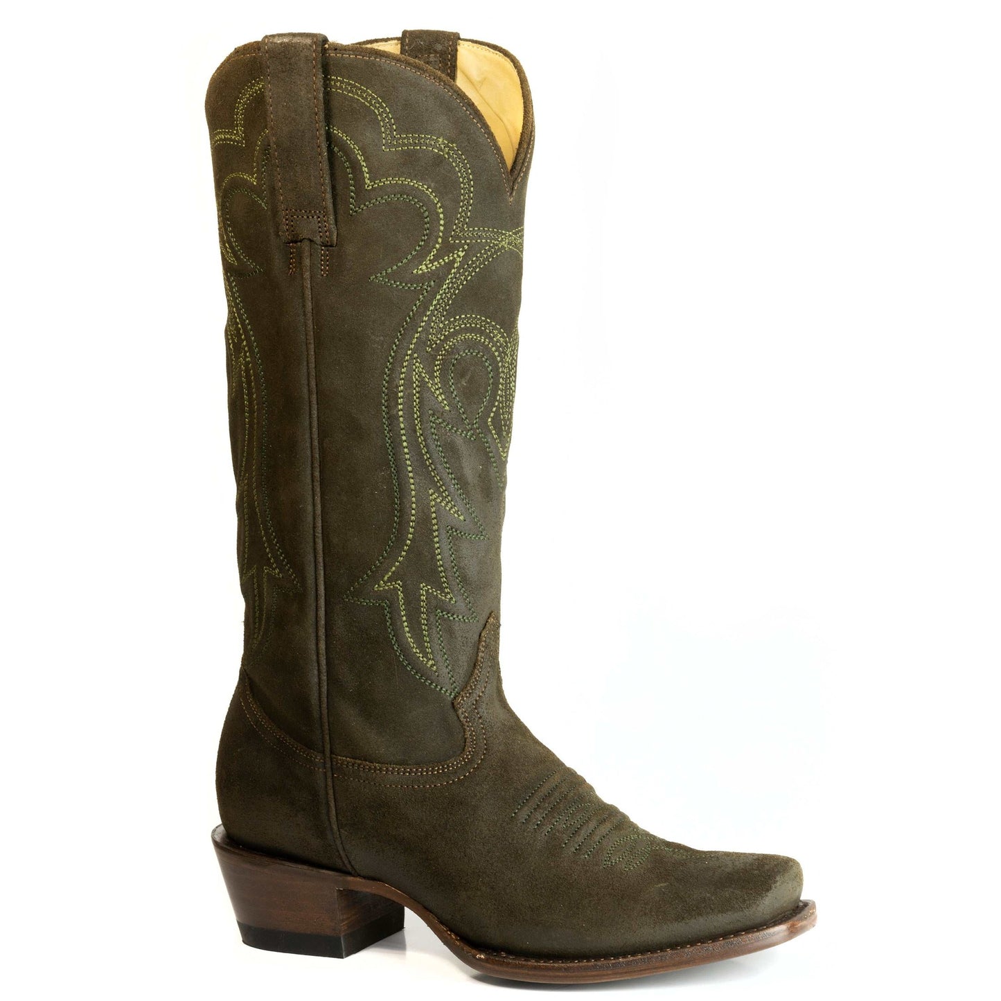 Women's Stetson Reese suede leather boots green with embroidery and snip toe