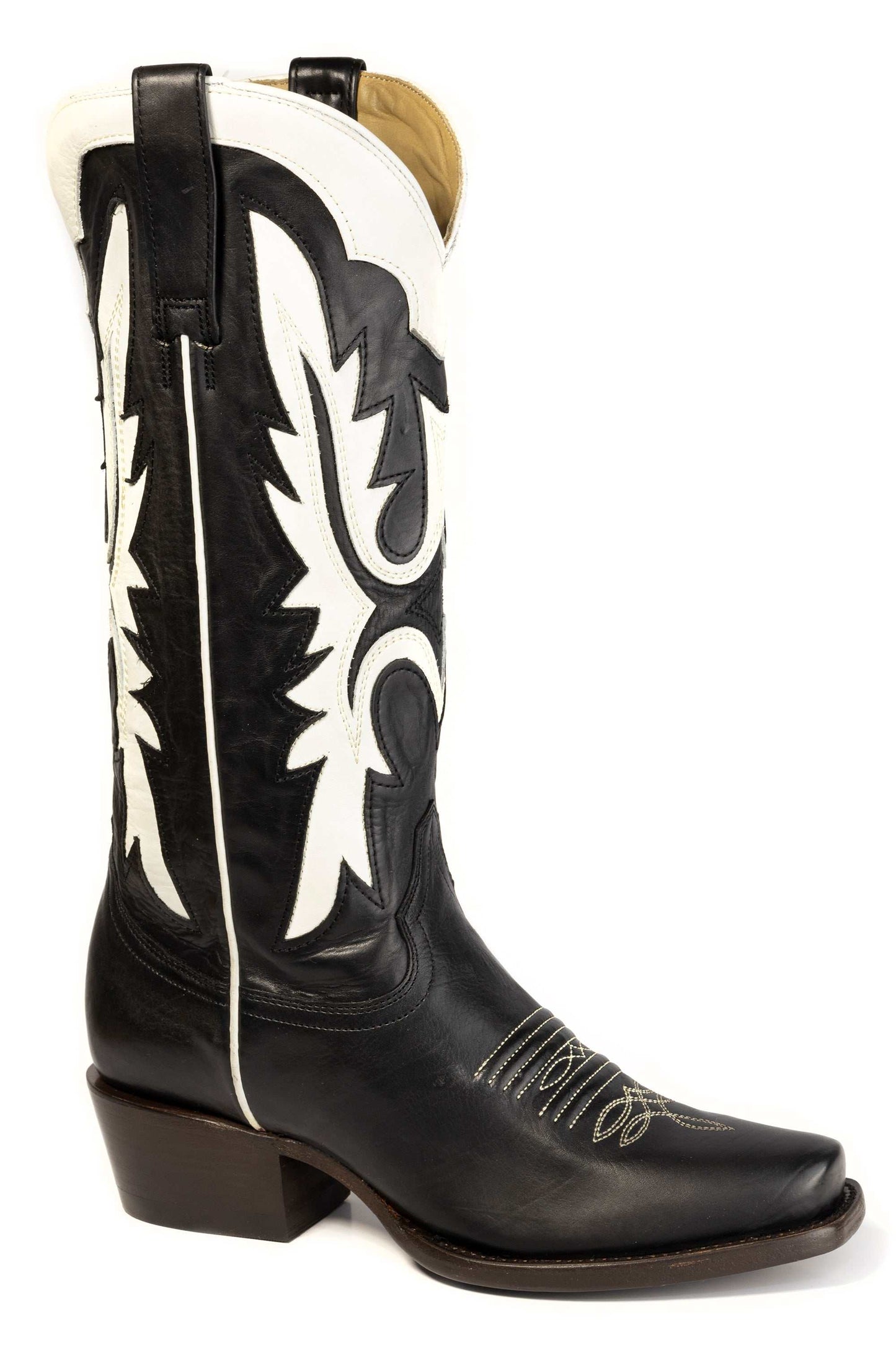 Women's Stetson Lainey handcrafted black leather cowboy boots with square toe and 14-inch shaft