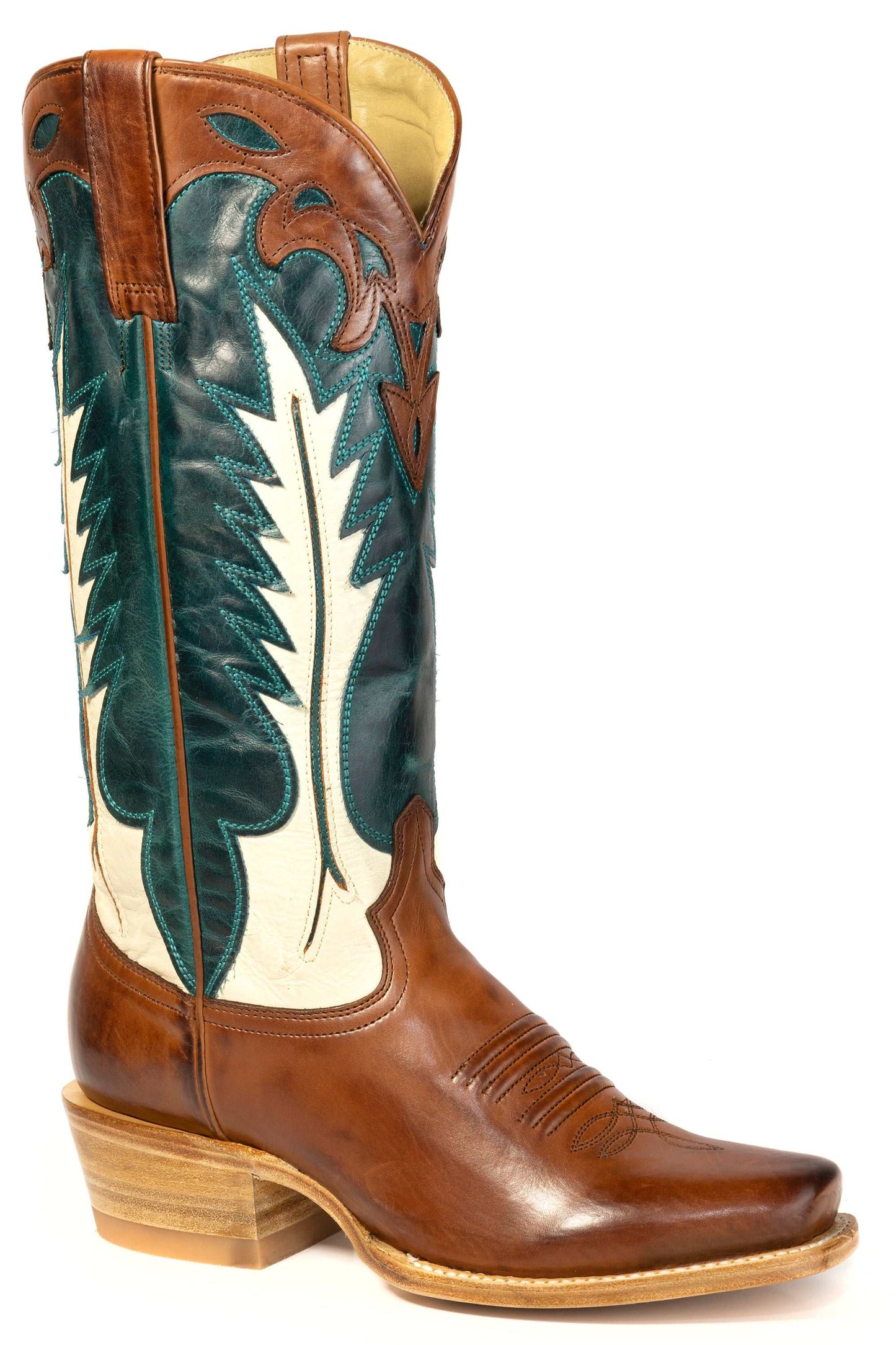 Women's Stetson Hadley handcrafted brown leather boots with turquoise flame inlay and square toe