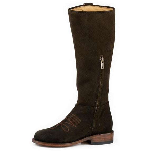 Women's Stetson Lana Leather Boots in olive with round toe and handcrafted suede vamp