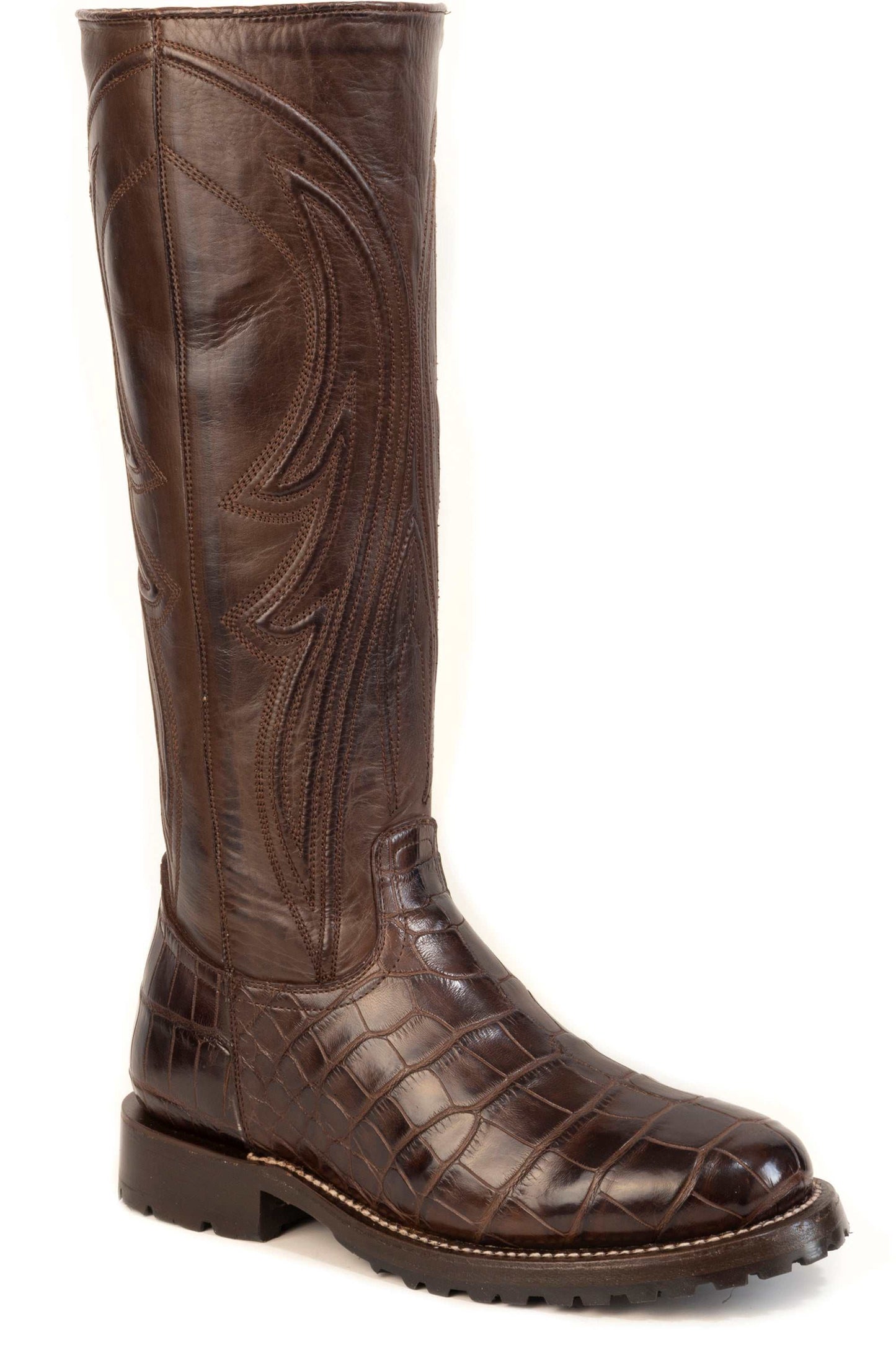 Women's Stetson Equestrian Alligator Boots handcrafted brown leather round toe boots with 16-inch calf shaft and YKK zipper