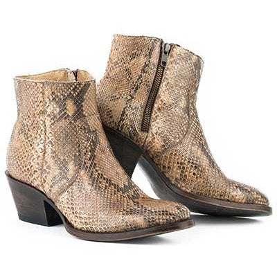 Women's Stetson Venice Python Boots handcrafted brown python vamp cowboy boots with round toe and stacked heel