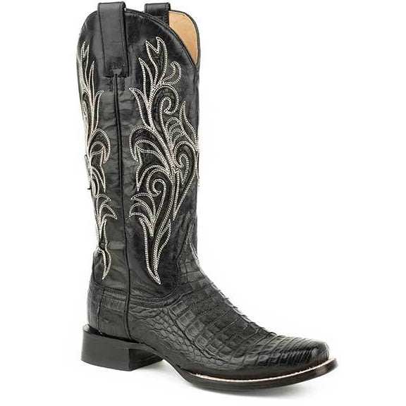 Women's Stetson Clarisa black caiman belly boots handcrafted with leather sole and stacked heel
