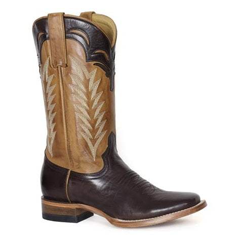 Women's Stetson Trinity Leather Boots handcrafted chocolate square toe with embroidered gold calf shaft