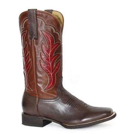Women's Stetson Erin leather boots handcrafted brown square toe with embroidered gold calf shaft and leather sole