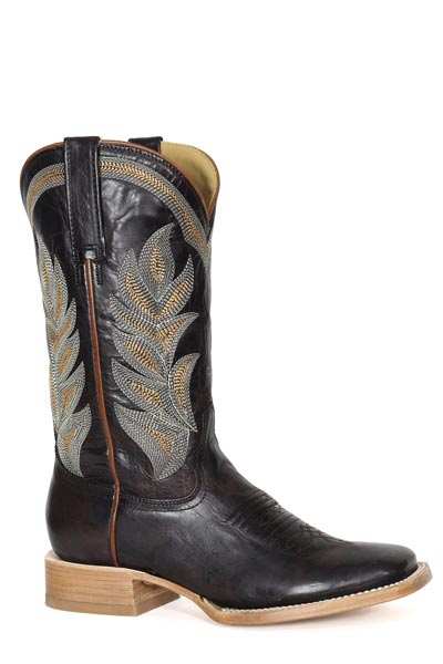 Women's Stetson Calista leather boots in chocolate with wide square toe and embroidered calf shaft