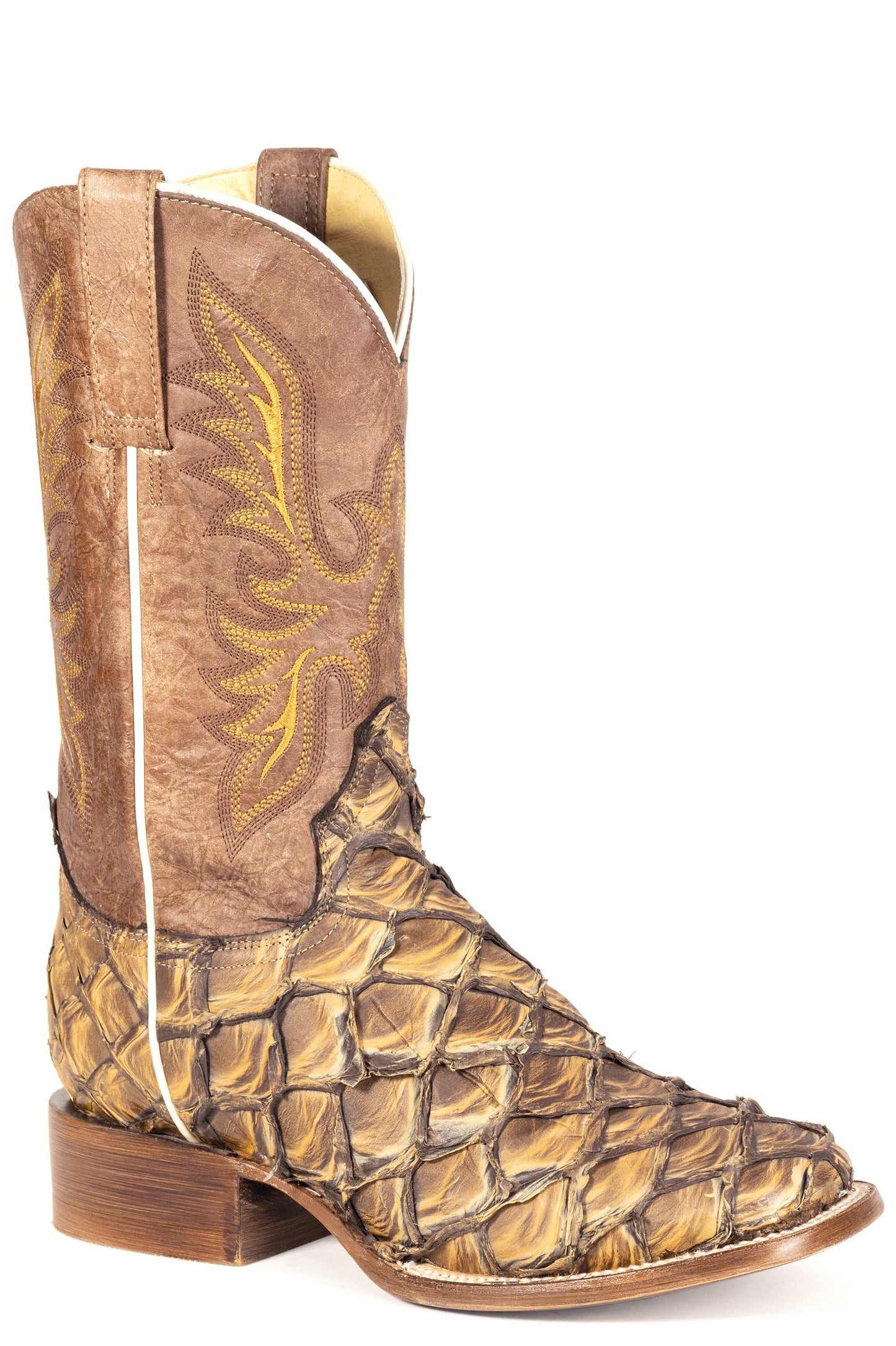 Women's Stetson Pirarucu Fish Boots handcrafted brown leather square toe with leather shaft and 11-inch shaft height
