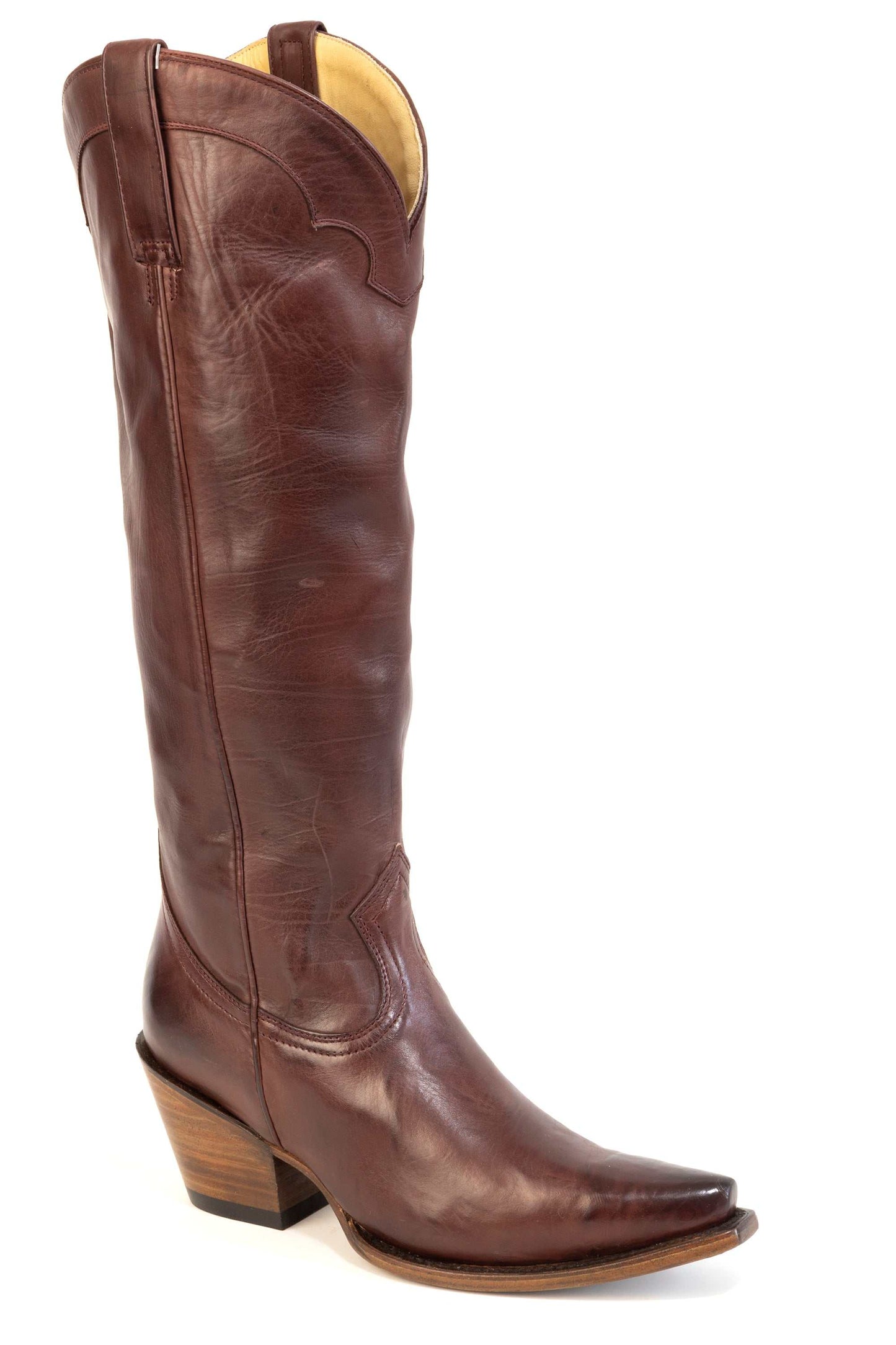 Women's Stetson Sutton Leather Boots handcrafted snip toe wine color with 18" shaft and stacked heel