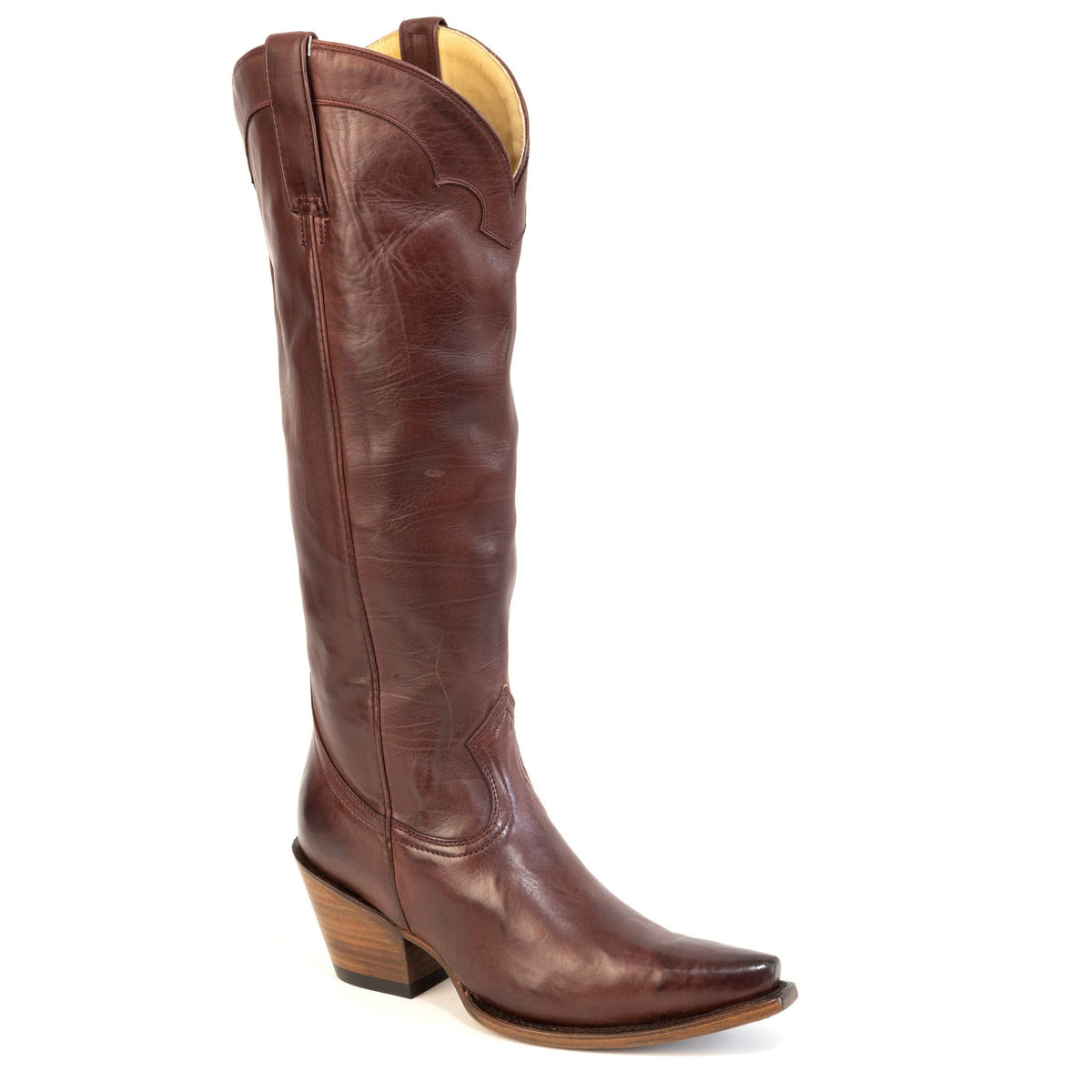 Women's Stetson Sutton Leather Boots handcrafted snip toe wine color with 18" shaft and stacked heel