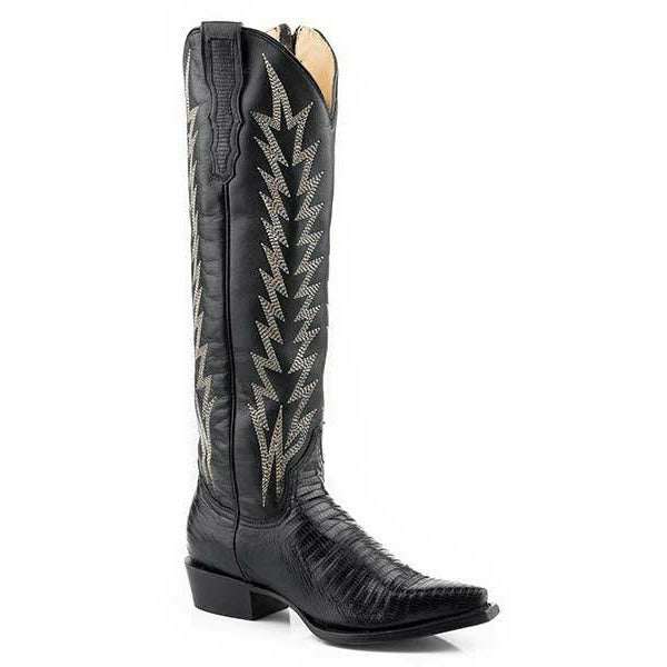 Women's Stetson Talia Teju Boots black leather 18" shaft flame embroidery YKK side zipper