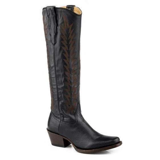 Women's Stetson Sissy Leather Boots black handcrafted hog nose toe with vintage embroidery and leather sole