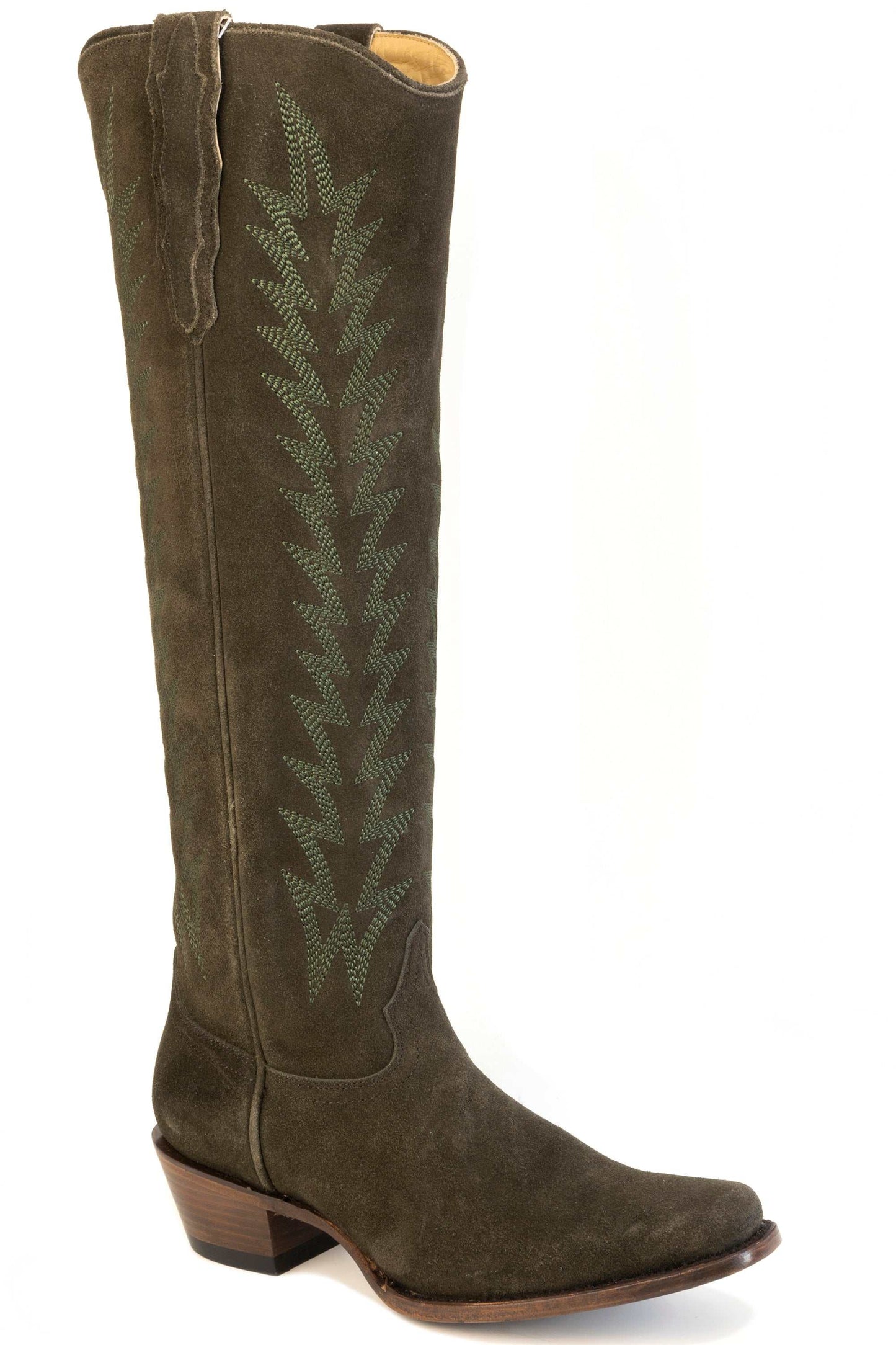 Women's Stetson Sissy Suede Leather Boots in olive green with vintage embroidery and hog nose toe
