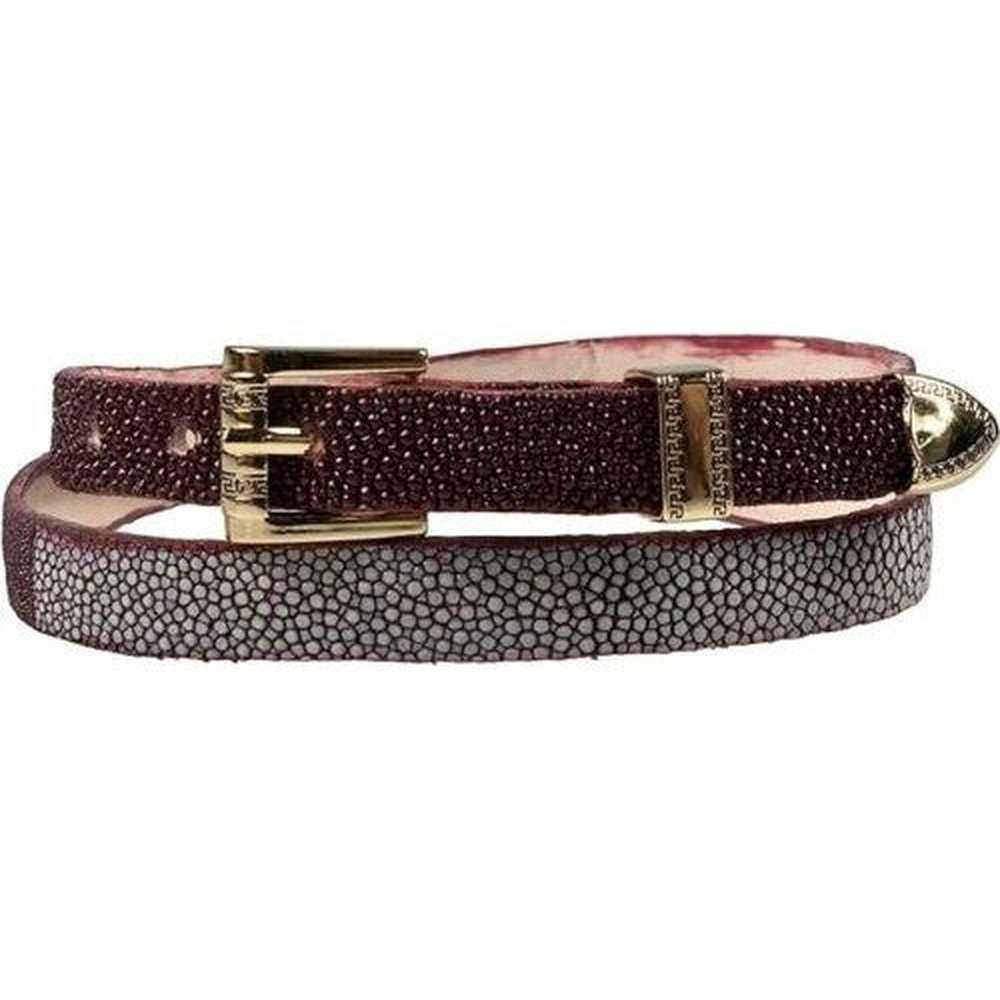 Handmade burgundy stingray cowboy hat band with gold plated 3-piece buckle set and leather lining