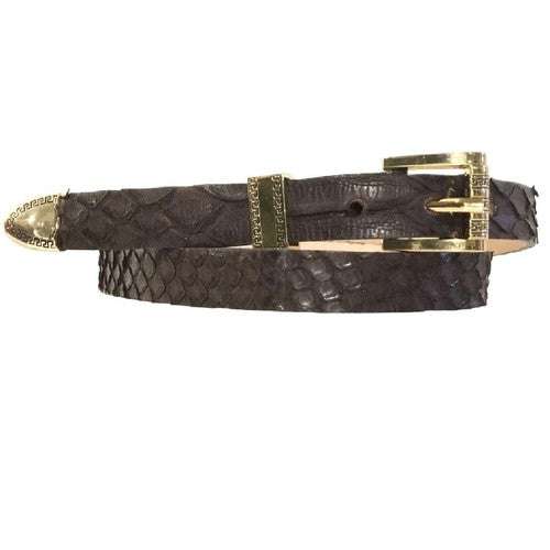 Brown python snakeskin cowboy hat band with gold 3 piece buckle set handmade 26 inches