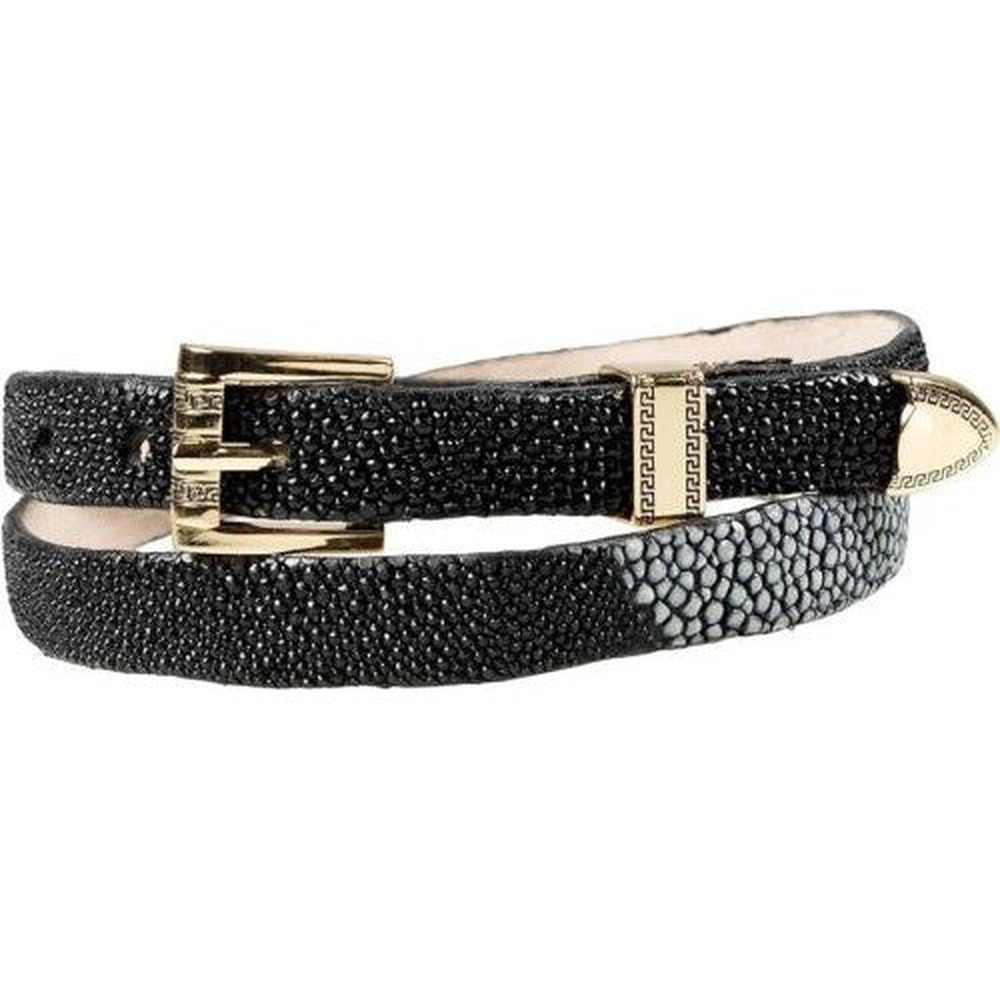 Handmade black stingray cowboy hat band with gold plated 3-piece buckle set and leather lining