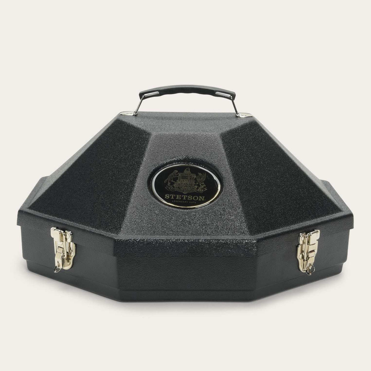 Stetson hat case with durable plastic, hinged lid, buckles, handle, and interior mirror