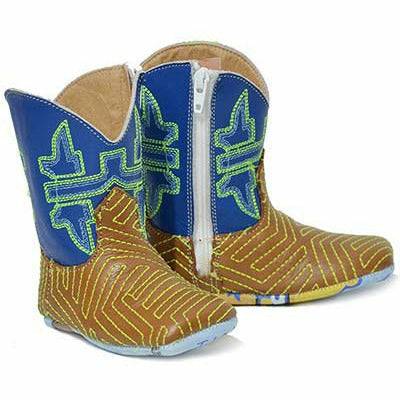 Baby Tin Haul Neon Maze Boots handmade tan square toe with blue shaft and sheriff sole for kids