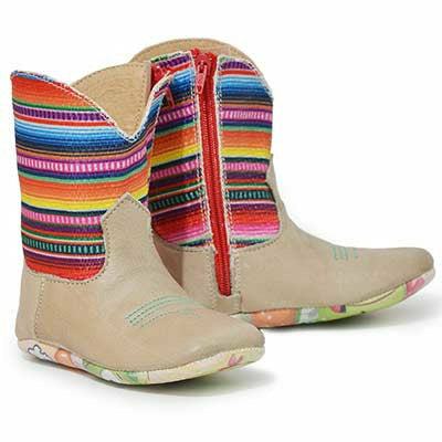 Baby Tin Haul handcrafted brown boots with cactus sole and serape textile shaft for kids