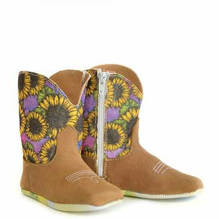 Baby Tin Haul Sunny Boots handcrafted brown square toe with sunflower textile shaft and cowhide leather