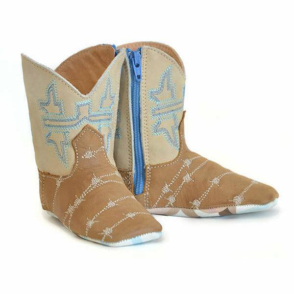 Baby Tin Haul Mini Barbed Wire Boots handcrafted tan cowhide leather with native print textile shaft and side zip