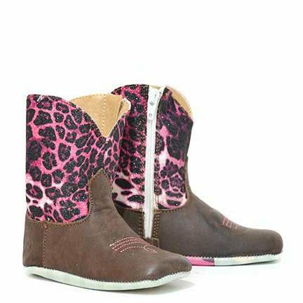 Baby Tin Haul glitter boots with cheetah sole handcrafted brown cowhide leather