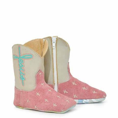 Pink Baby Tin Haul Mini Blessing Boots with Faith & Hope sole, handcrafted cowhide leather baby boots with side zip and cushioned insole