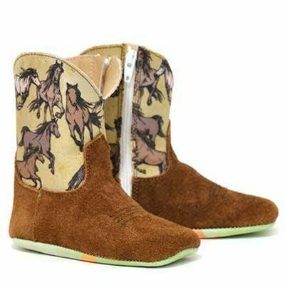 Baby Tin Haul Stampede Boots handcrafted brown with horses printed shaft and Born To Ride sole