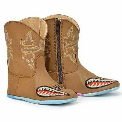 Baby Tin Haul Sharky Boots handcrafted tan baby cowboy boots with Beware I'M Teething sole and side zip
