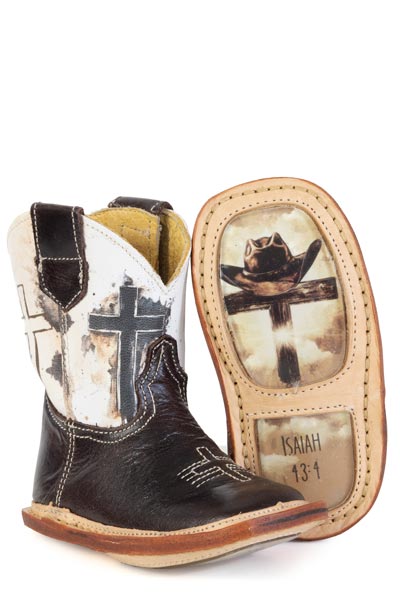 Baby Tin Haul Church Cross Boots with Philippians 4:13 Sole Handcrafted Brown