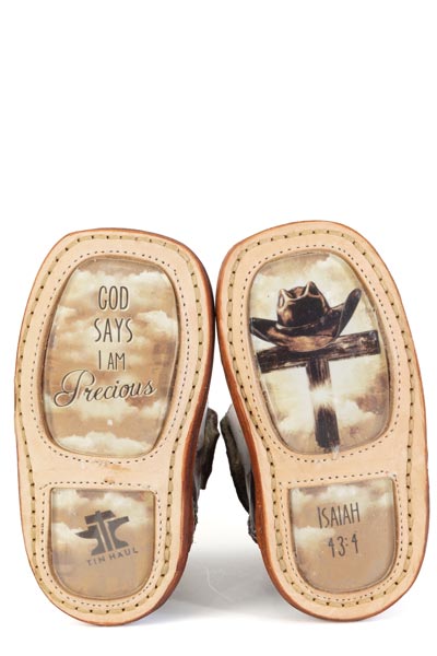 Baby Tin Haul Church Cross Boots with Philippians 4:13 Sole Handcrafted Brown
