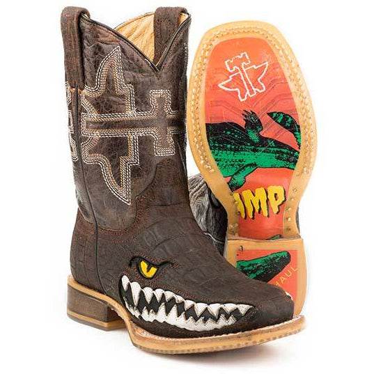 Kid's Tin Haul Swamp Chomp Boots handcrafted brown embossed leather cowboy boots with square toe and 7-inch shaft