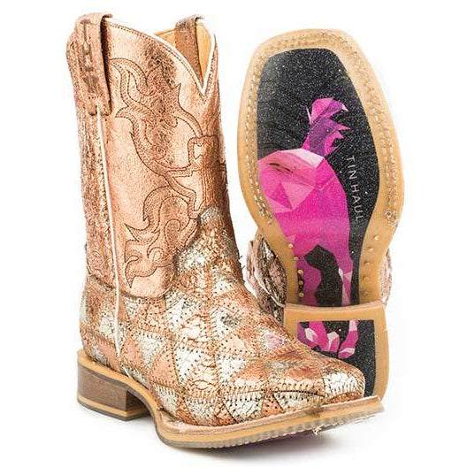 Kid's Tin Haul Mish And Mash geometric pony sole boots with silver and rose gold metallic patchwork and embroidered shaft