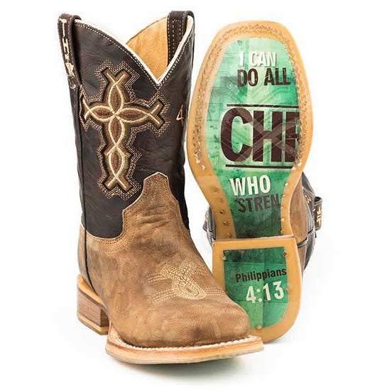 Kid's Tin Haul I Believe 4:13 Sole Brown Handmade Cowboy Boots with Embroidered Shaft