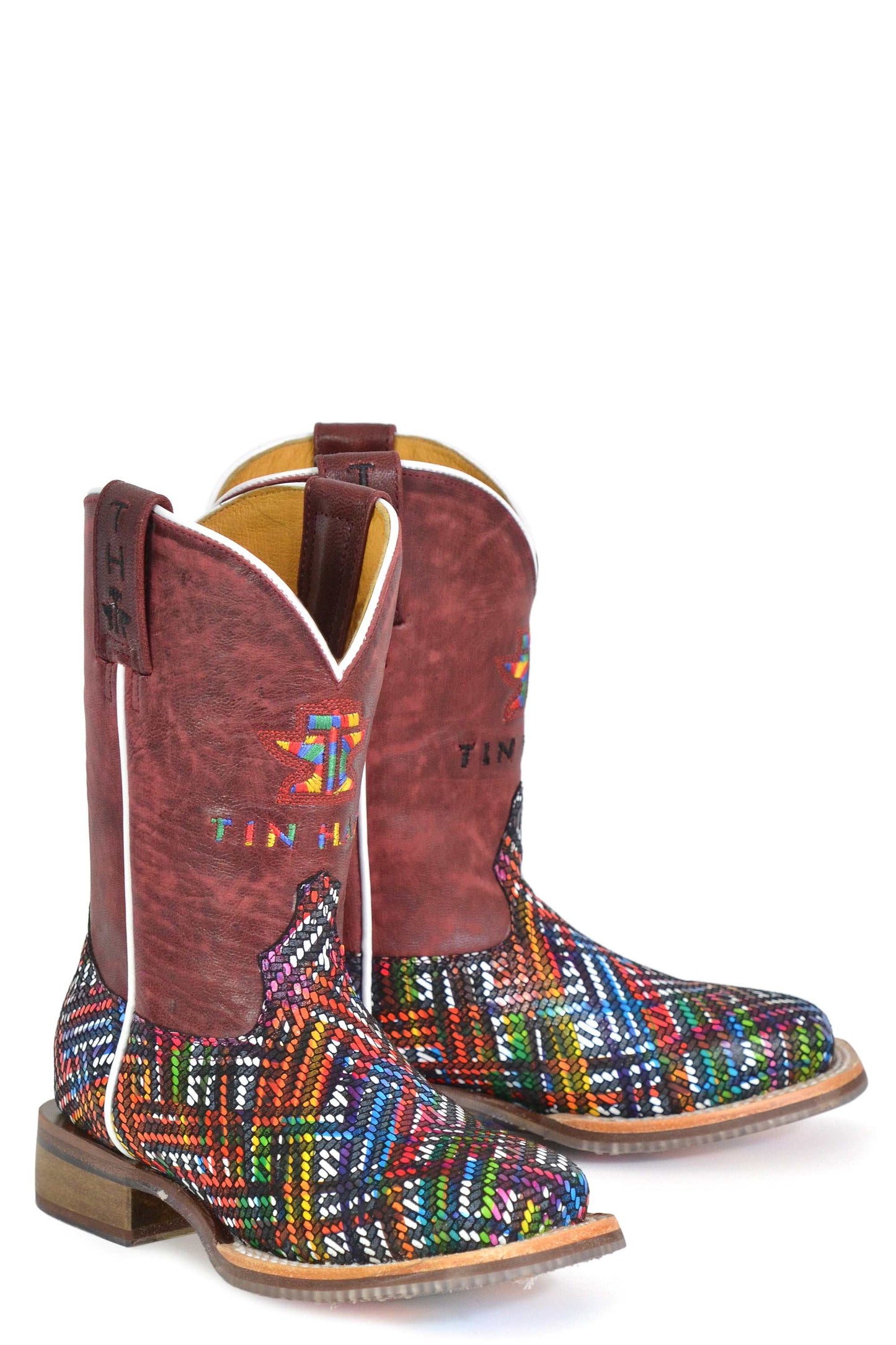 Kid's Tin Haul Prismatic Boots With Ikat Sole Handmade Red