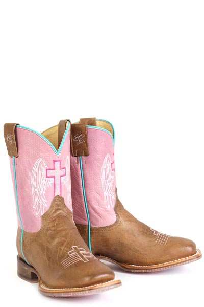 Tin Haul Angel Wings Stiefel für Kinder mit „Blessed Are Those“-Sohle, handgefertigt, Braun