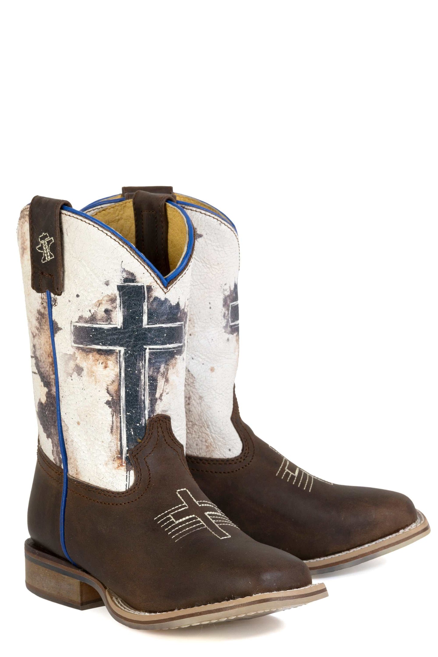 Kid's Tin Haul Church Cross Boots With Philippians 4:13 Sole Handmade Brown