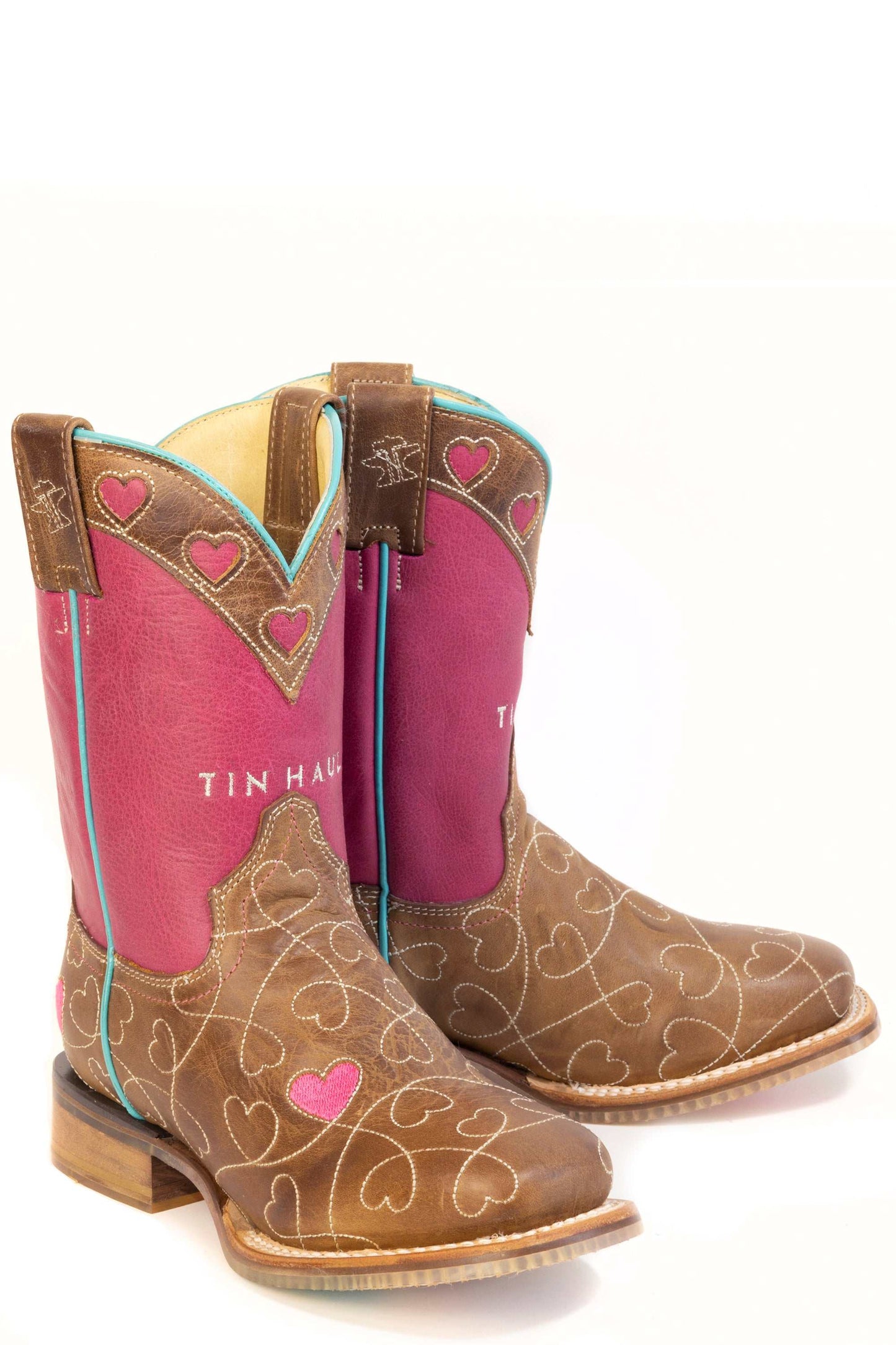 Kid's Tin Haul Sweetheart Boots With I Love Horses Sole Handcrafted Brown