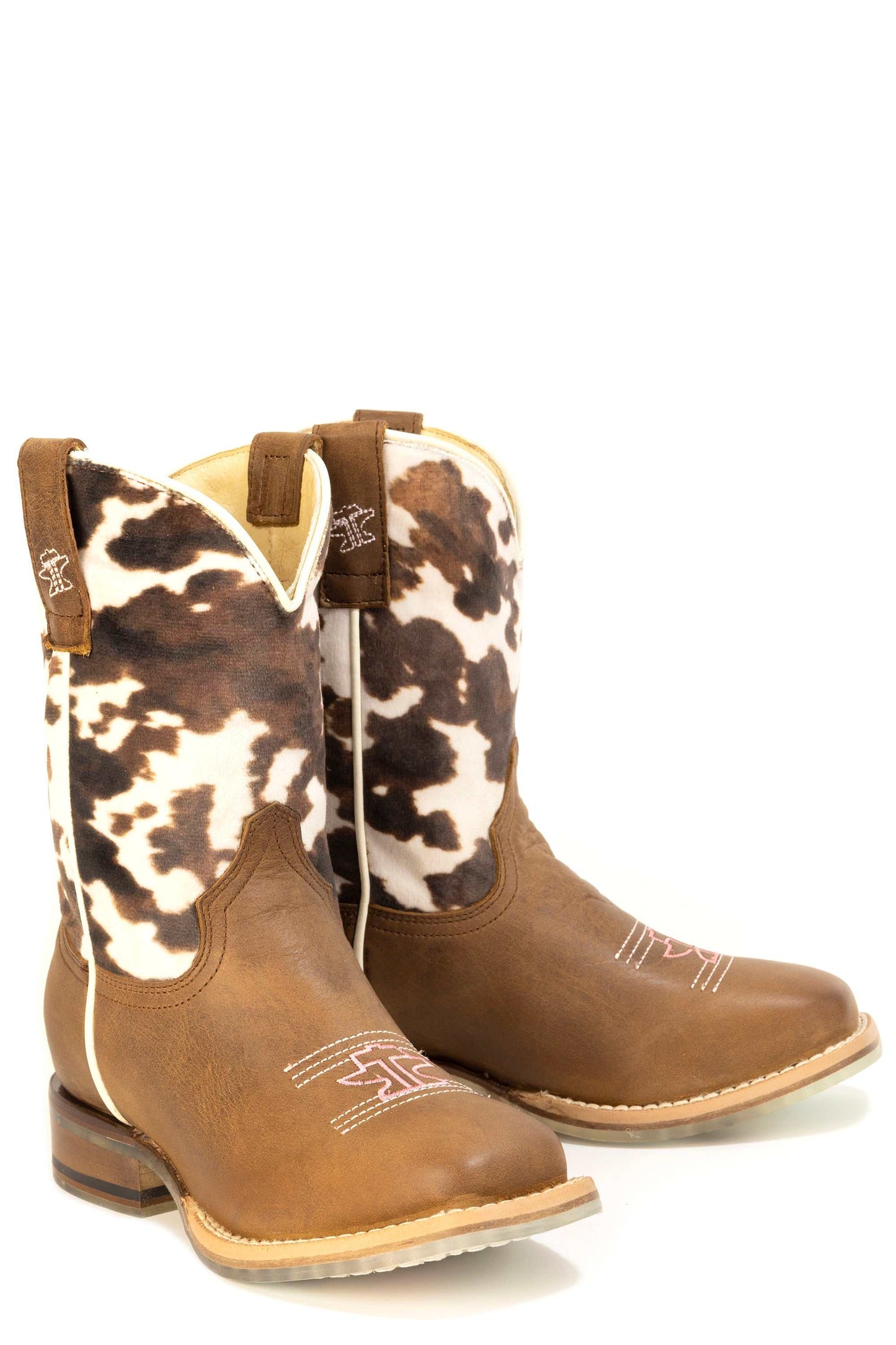 Kid's Tin Haul Spotted Cutie Calf Boots With New Cowgirl In Town Sole Handmade Brown