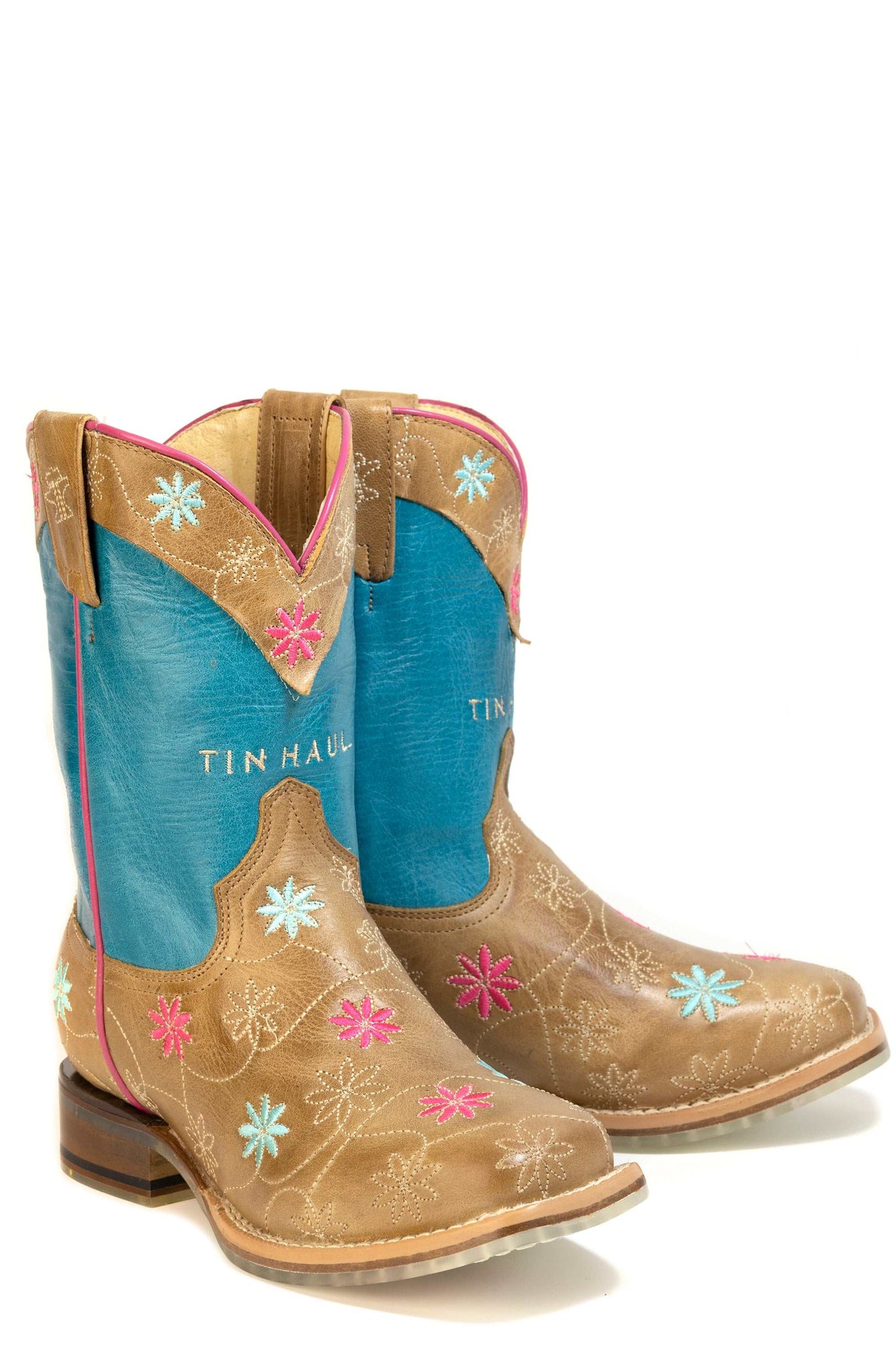 Kid's Tin Haul Wild Flower Bloom Boots With Running Horses Sole Handcrafted Brown