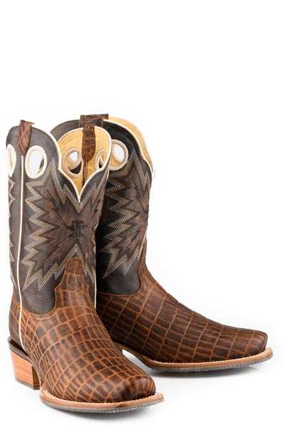 Men's Tin Haul Wild Croc Caiman brown cowboy boots with embossed crocodile sole and handcrafted design