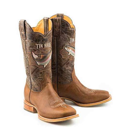 Men's Tin Haul Alpha Angler Boots with Fishing Lure Sole Handcrafted Brown - yeehawcowboy