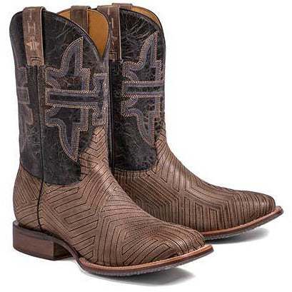 Men's Tin Haul Rowdy Boots handcrafted tan with American Rodeo sole and geometric stitched brown vamp