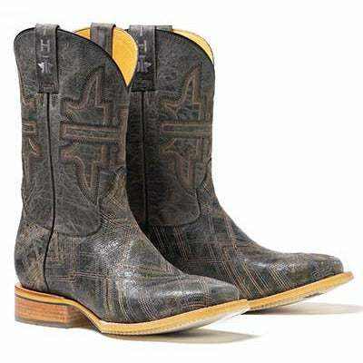Men's Tin Haul Latidudes handcrafted black cowboy boots with square toe and oily gray shaft