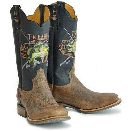 Men's Tin Haul Wallhanger Boots handcrafted brown with Fish A Plenty sole and square toe design