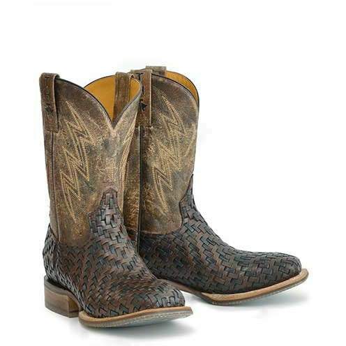 Men's Tin Haul Wickered Boots handcrafted brown leather with bull rider sole and braided design