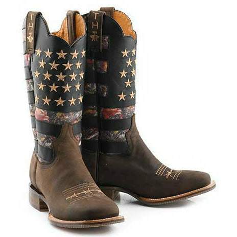 Men's Tin Haul Open Season Boots brown handcrafted with Deer Hunter sole and camo flag shaft