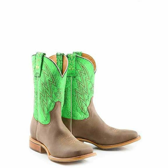 Men's Tin Haul Neon Bolt Boots handcrafted tan with neon green shaft and Yipee Ki Yay sole