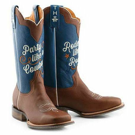 Men's Tin Haul Rodeo Like A Rock Star handcrafted brown cowboy boots with embroidered blue shaft and square toe